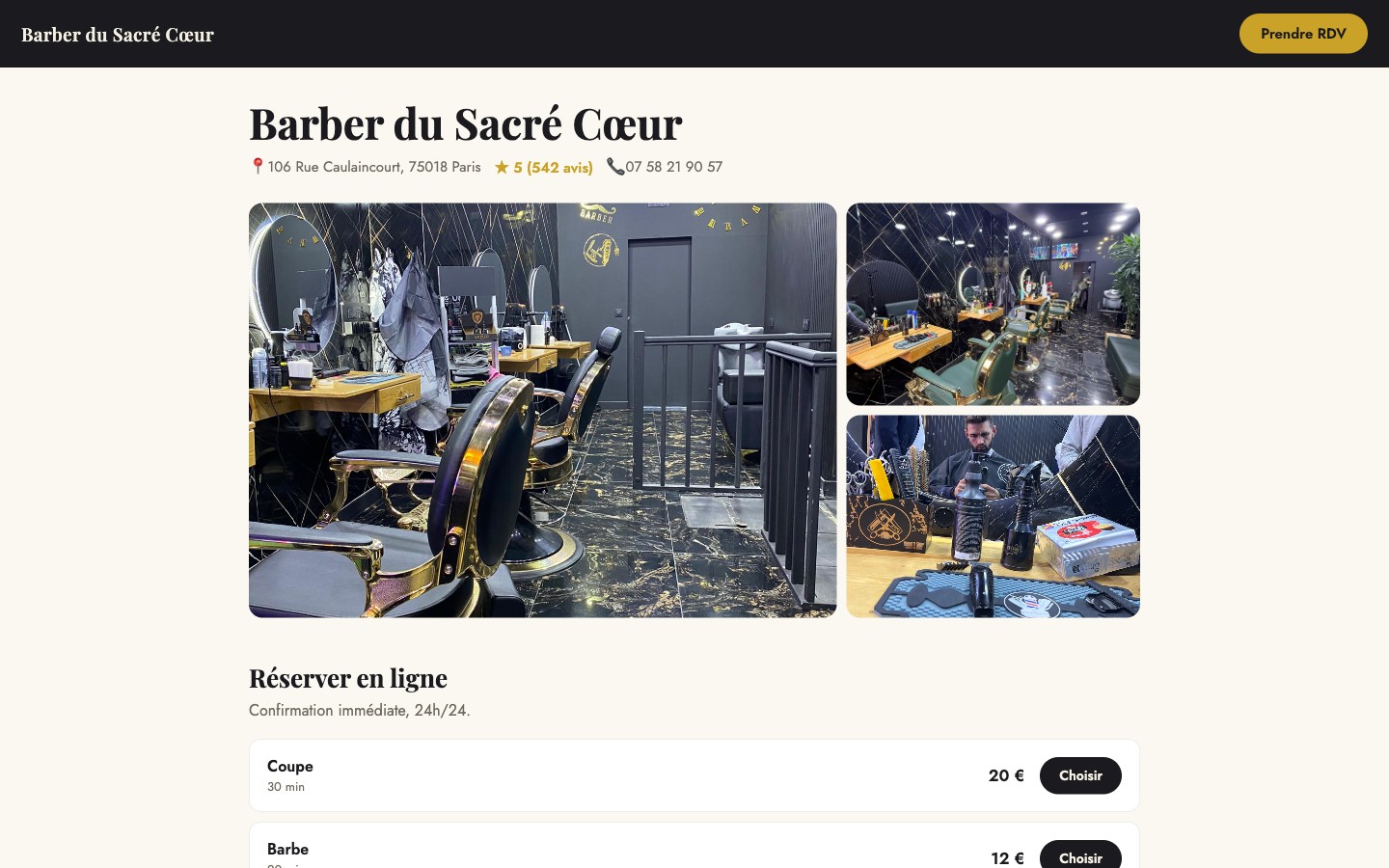 Vitrine complète du Barber du Sacré Cœur : galerie photo, note 5 étoiles, prestations et boutons de réservation